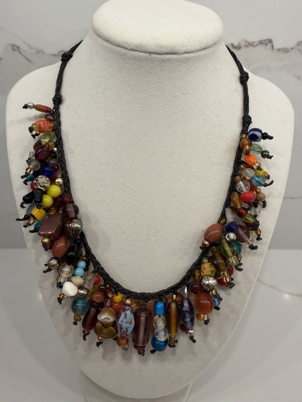 Boho Multicolor Beaded Statement Necklace Chunky Layered Fringe Tribal Artisan